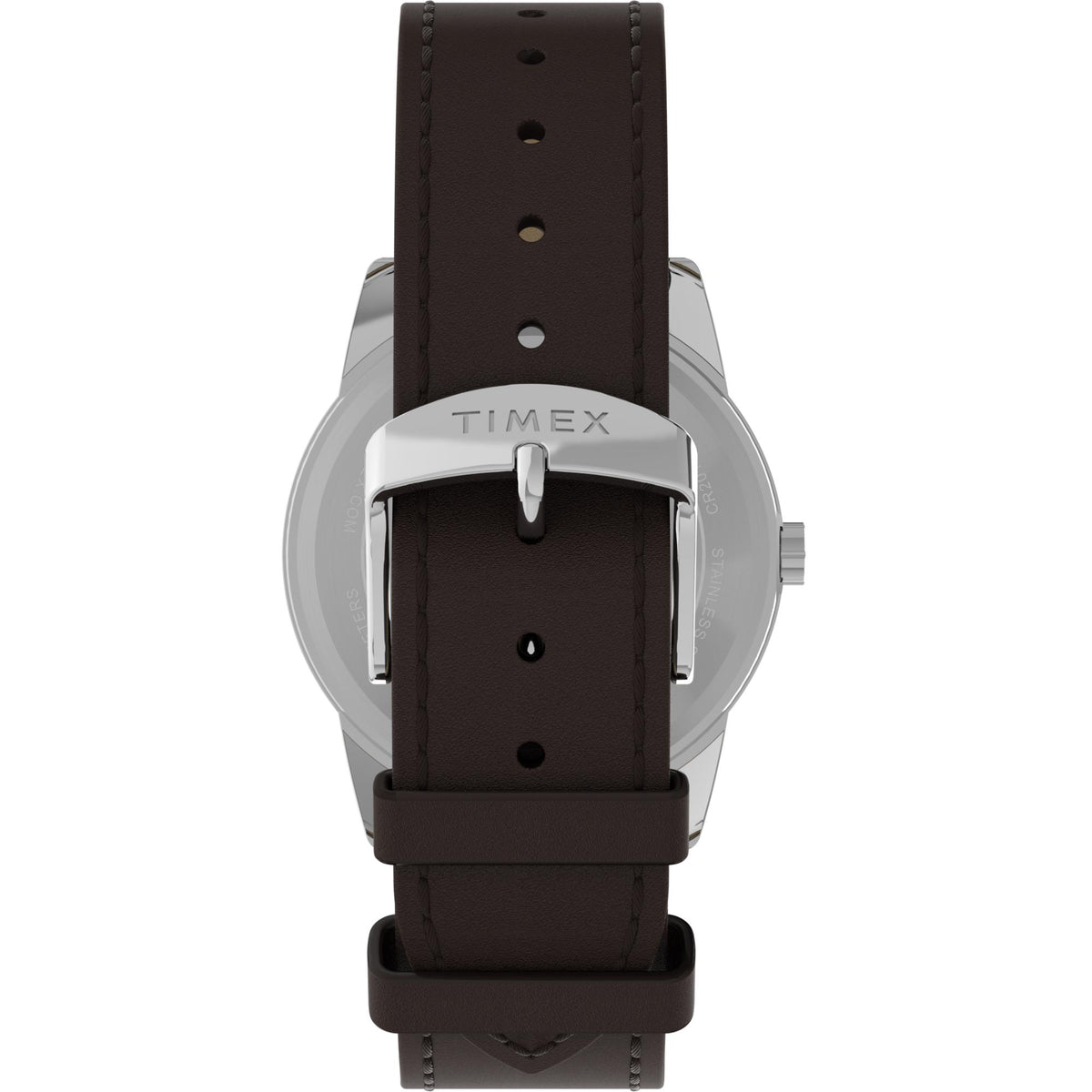 Timex watch front view with brown leather strap, silver case, and visible crown