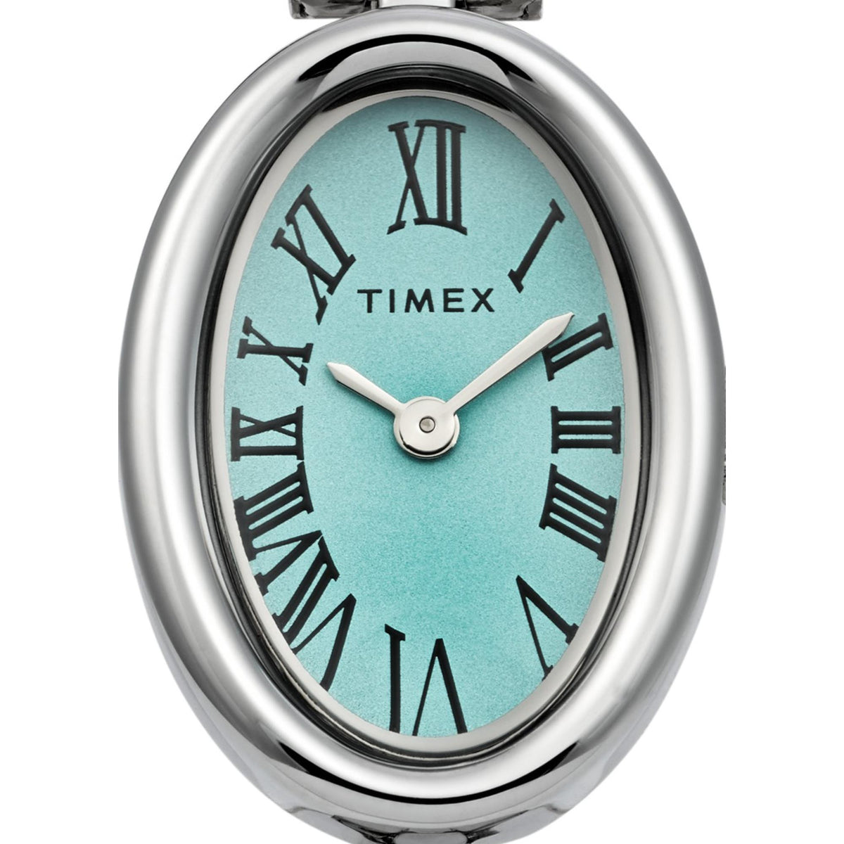 Turquoise dial quartz watch with Roman numeral hour marks, slim hands, and silver bezel