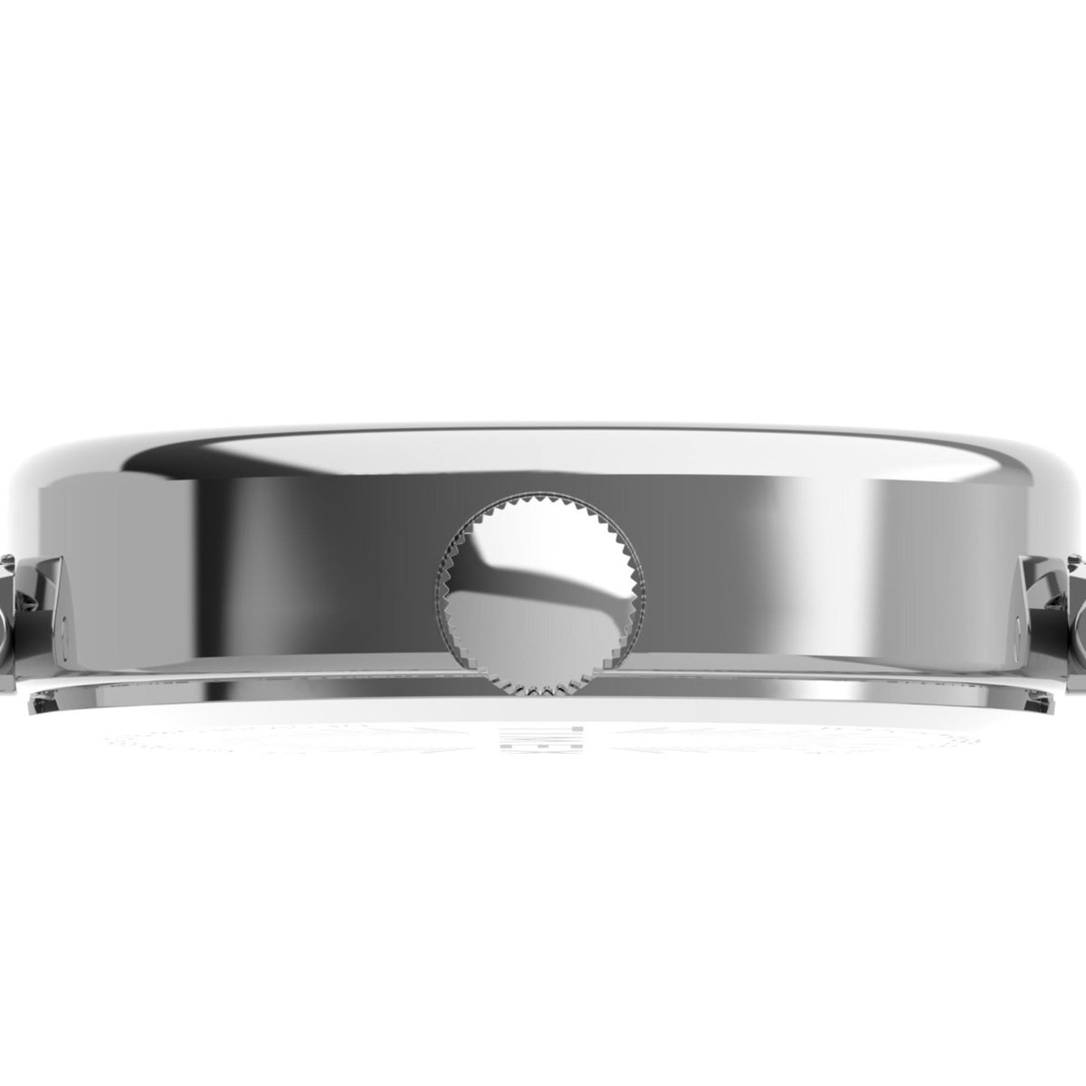Silver-tone steel watch case side showing crown and ridged edge around the case