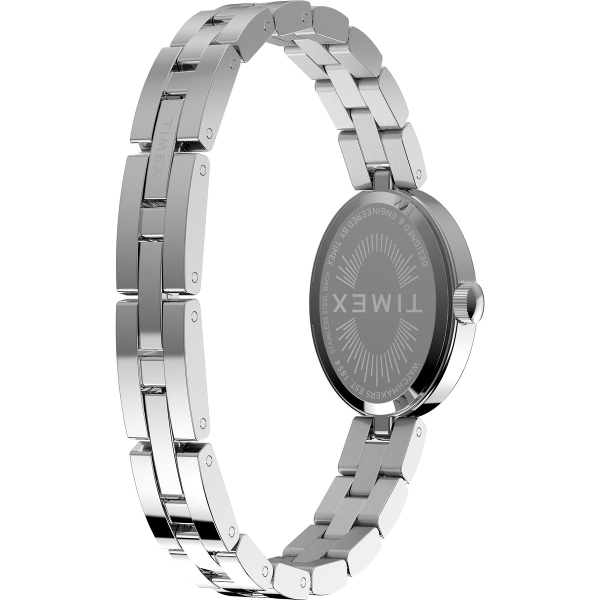 Ladies steel bracelet watch with side view of the dark engraved case back
