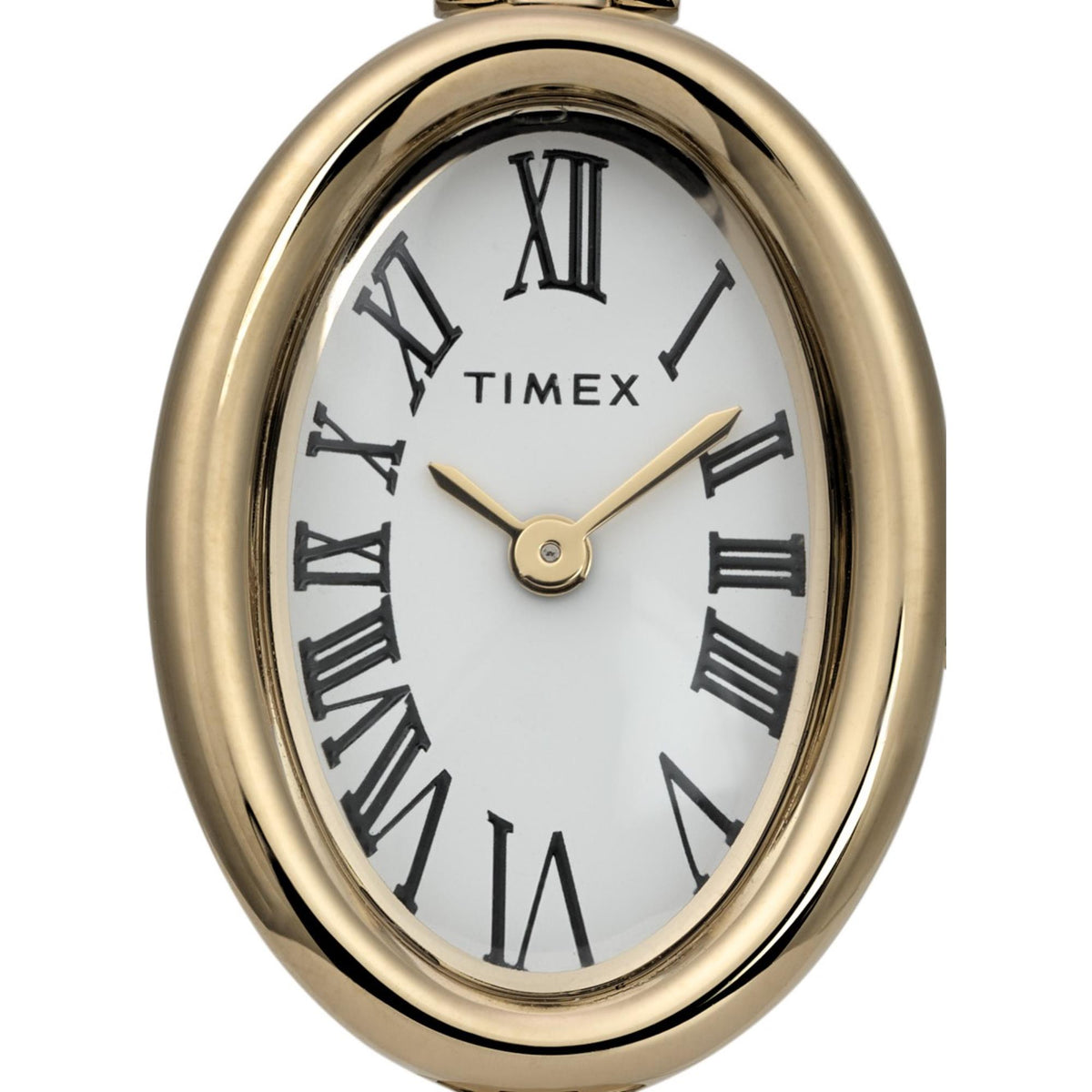 Gold-tone watch dial with white face, Roman numerals, and gold hour hands