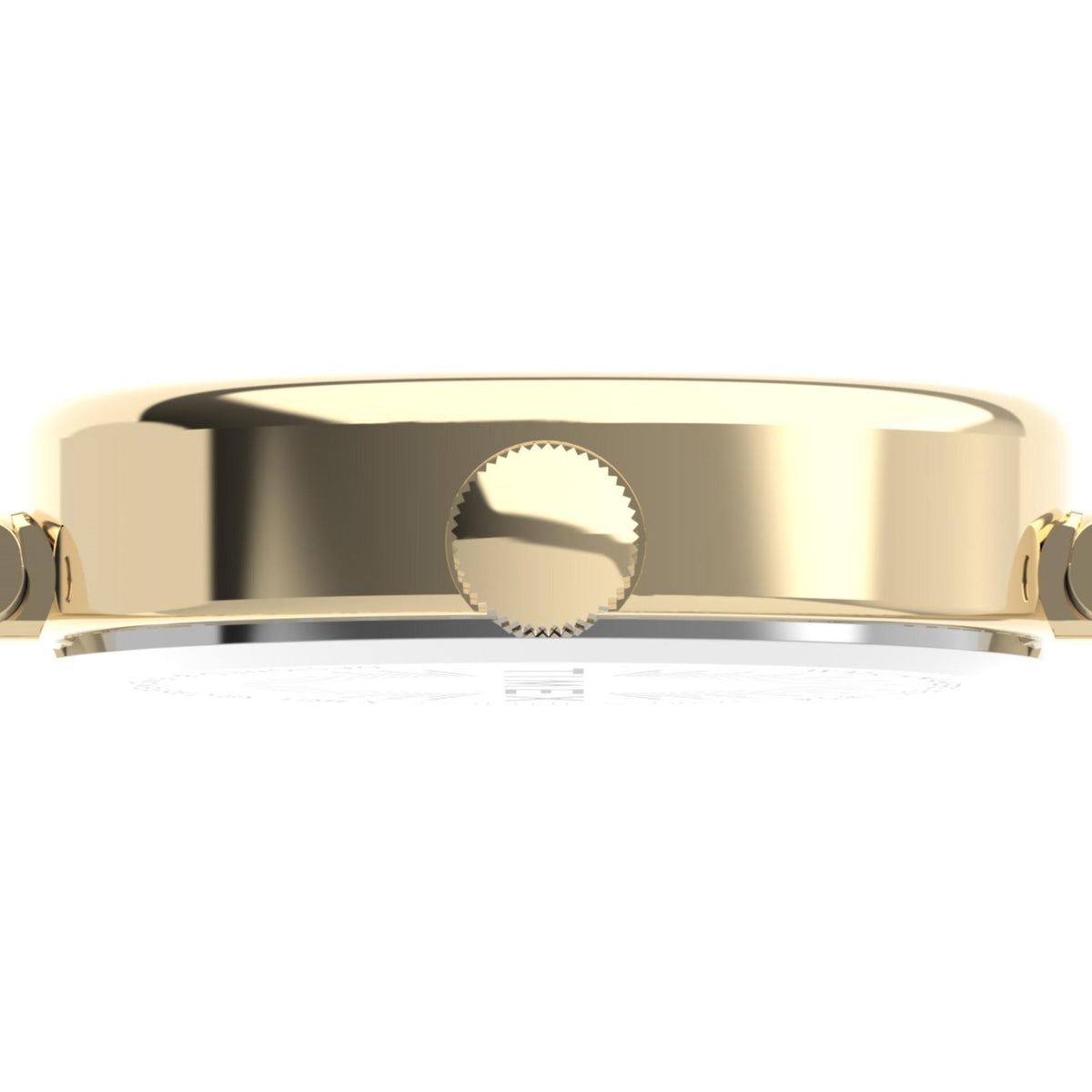 Gold-tone watch case side with ridged crown and polished bezel