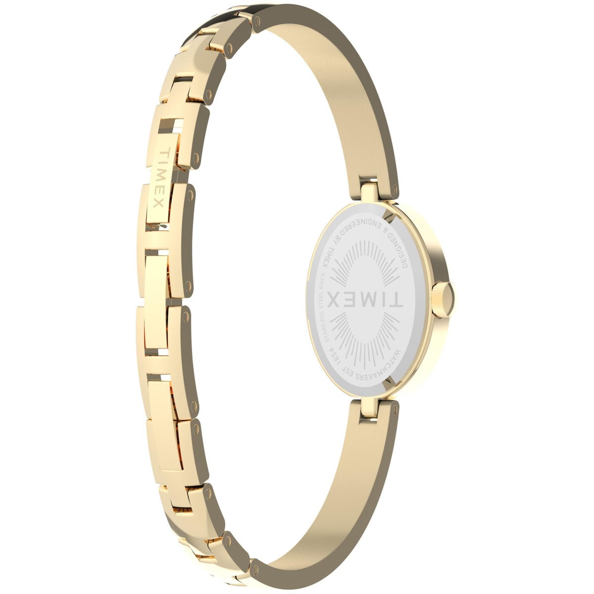 Gold-tone watch case and bracelet profile with white dial edge visible