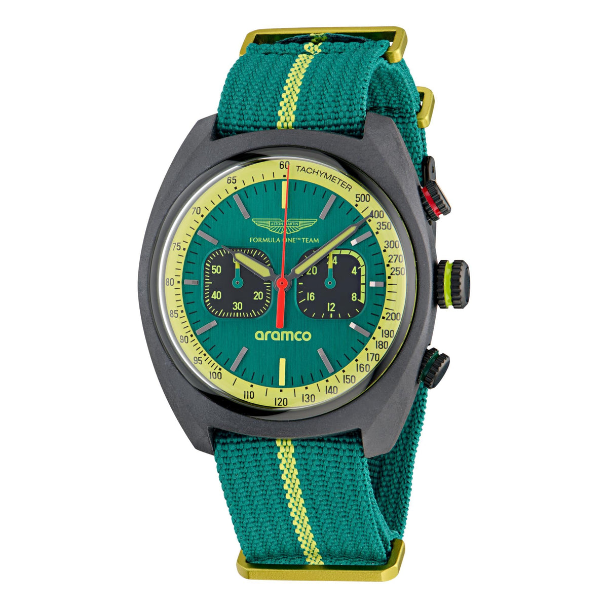 Wristwatch with green strap and detailed face on a white background