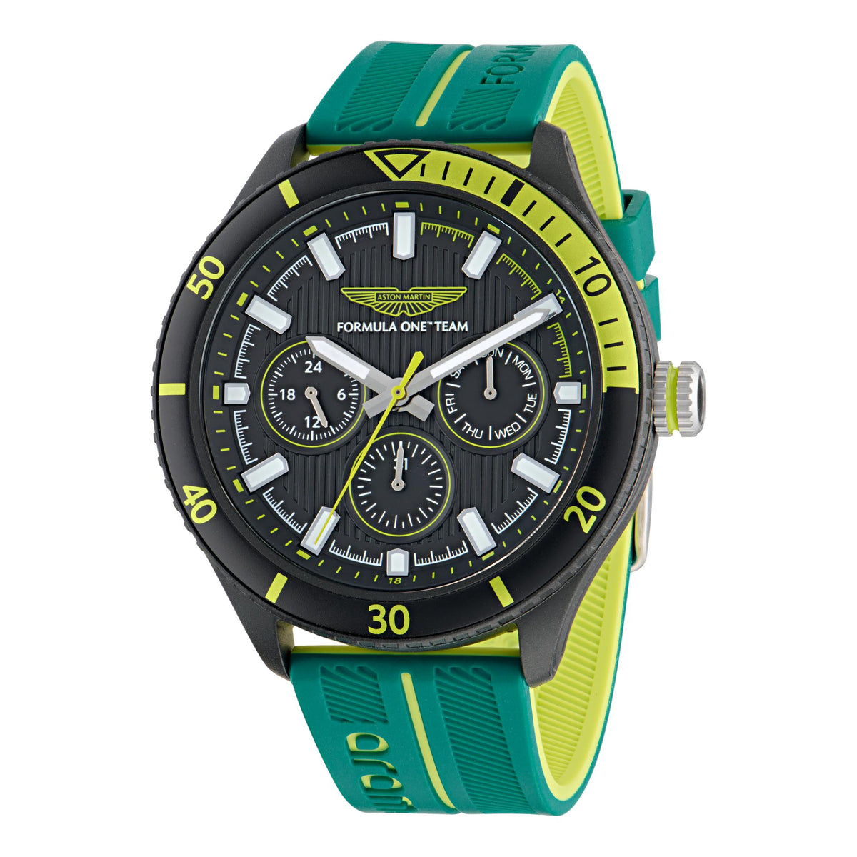 Men's quartz chronograph watch front view, black dial with subdials and green-yellow silicone strap