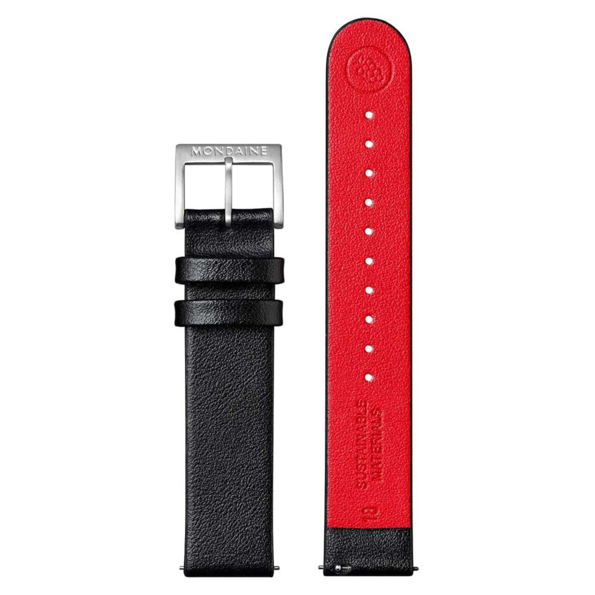 Vegan leather watch strap with layered black buckle; red underside with white stitching holes
