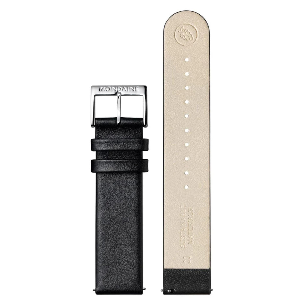 Mondaine watch strap in black vegan leather, silver buckle, light underside with holes