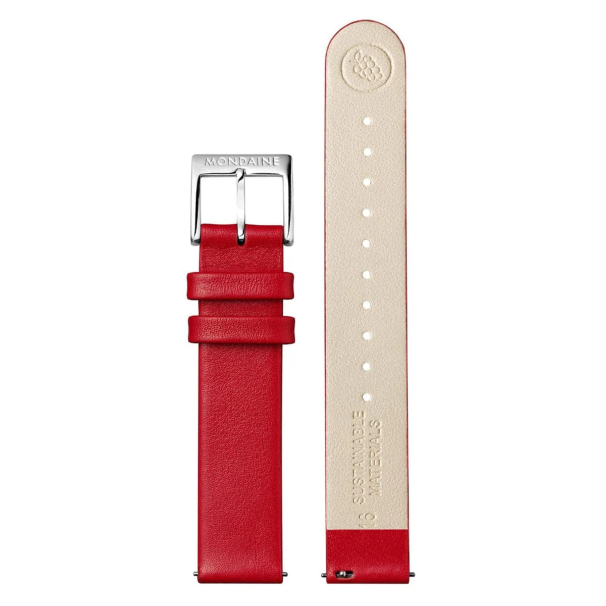 Mondaine vegan leather watch strap—red strap with light underside, stitch holes visible.