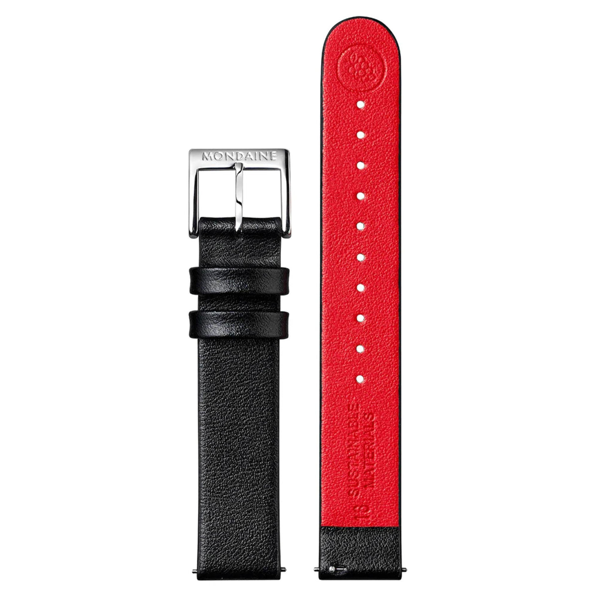 Genuine leather watch strap, black with silver clasp; red lining with white stitch holes