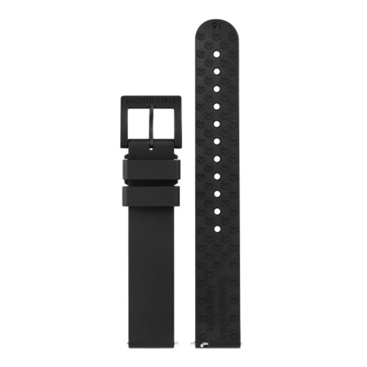 Black natural rubber watch strap with pin buckle and adjustment holes, textured pattern