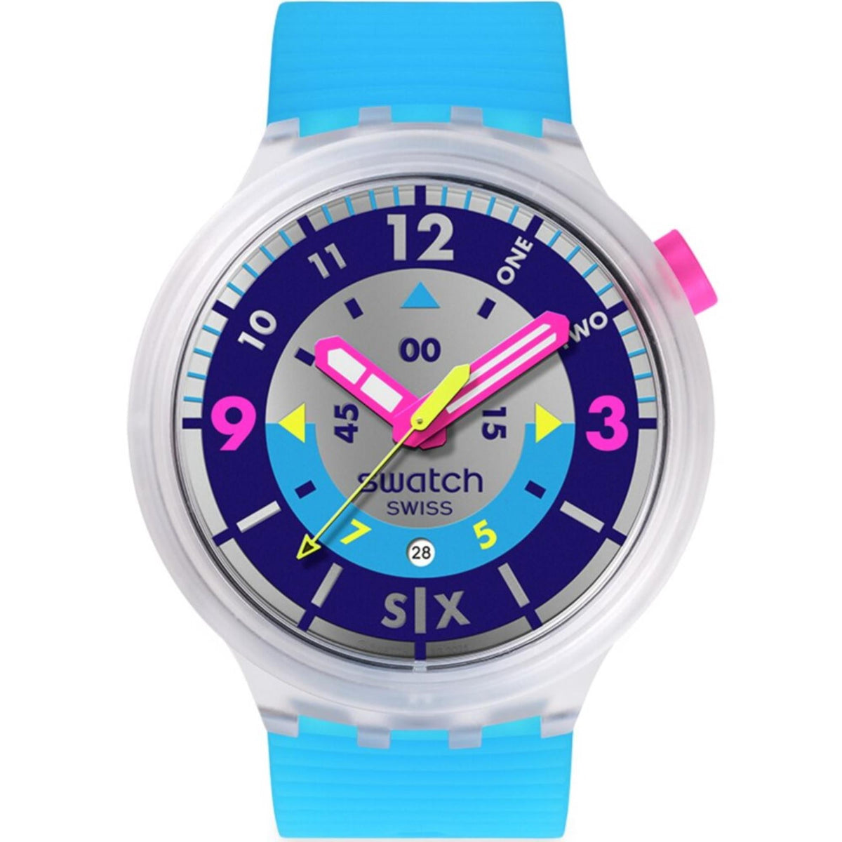 Blue silicone strap watch with dark blue dial, neon pink hour markers and date window