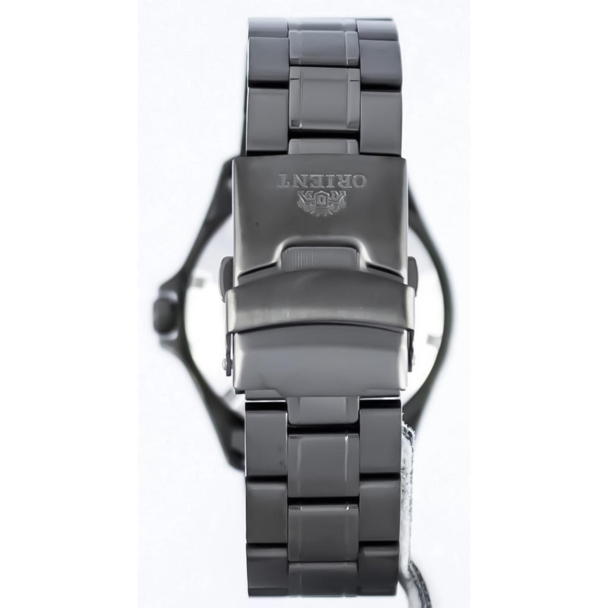 Orient Ray Raven II watch back with engraved clasp on black steel bracelet
