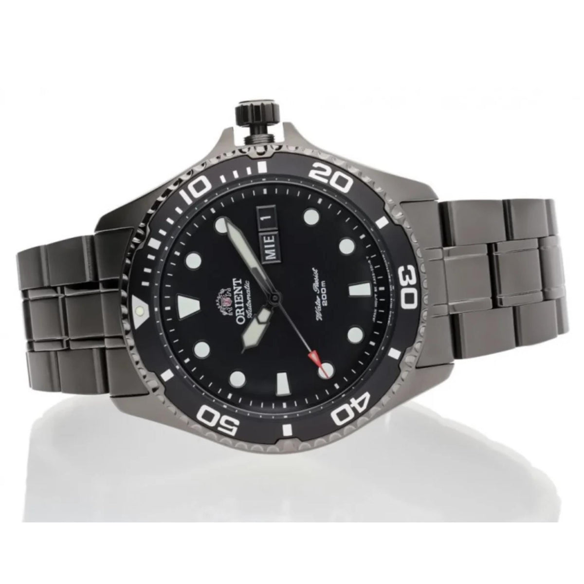 Orient Ray Raven II black dial watch with metal bracelet and bezel numbers