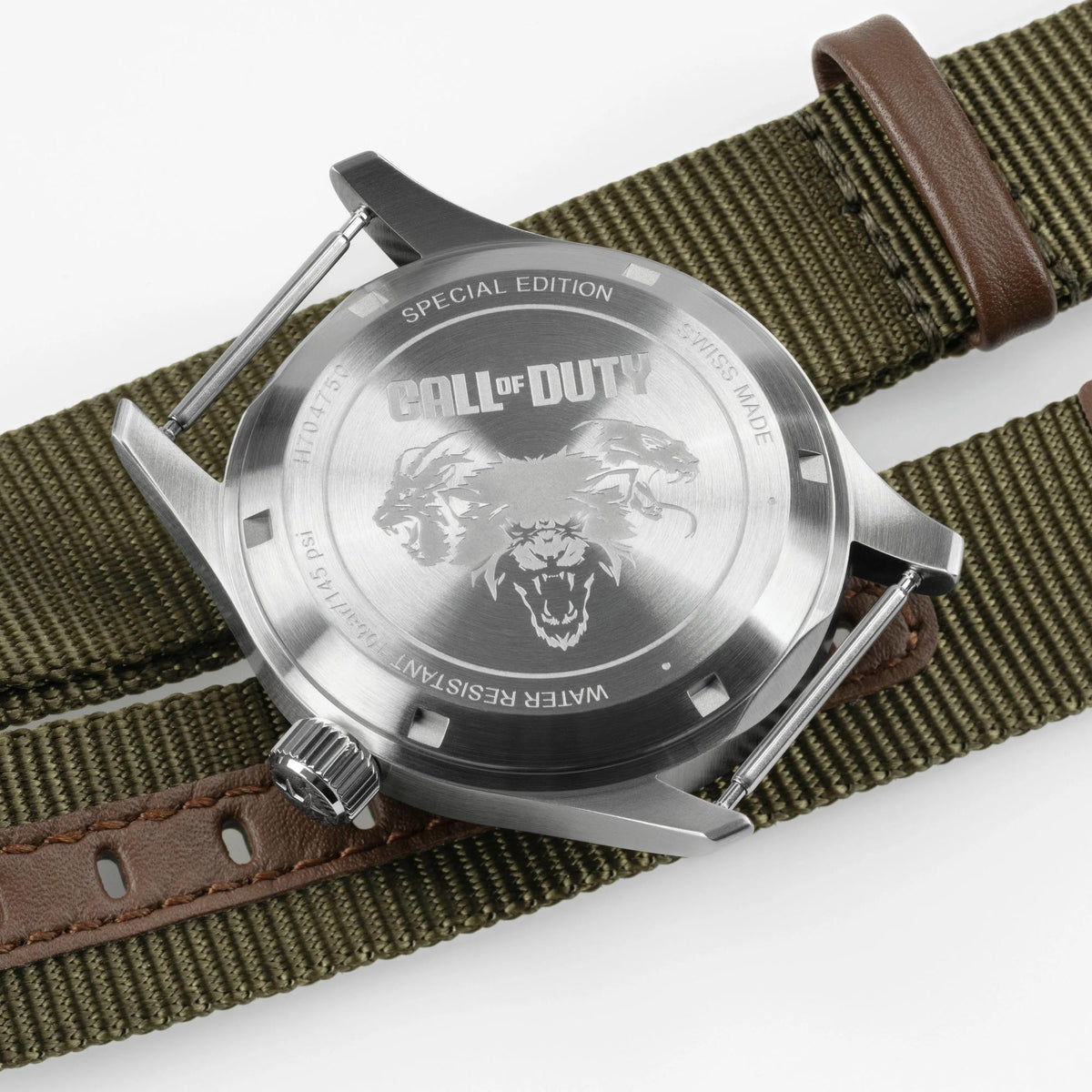 Hamilton Khaki Field watch with black dial and olive-green NATO strap, stainless case back view