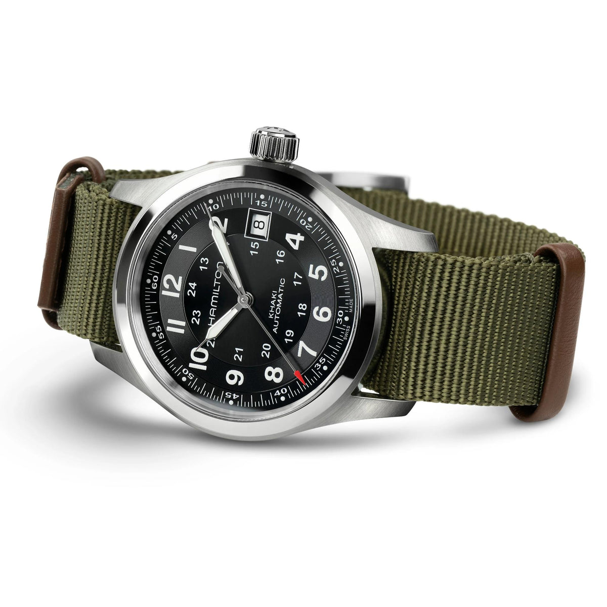 Men’s automatic wristwatch with black dial, silver case, and olive-green NATO strap