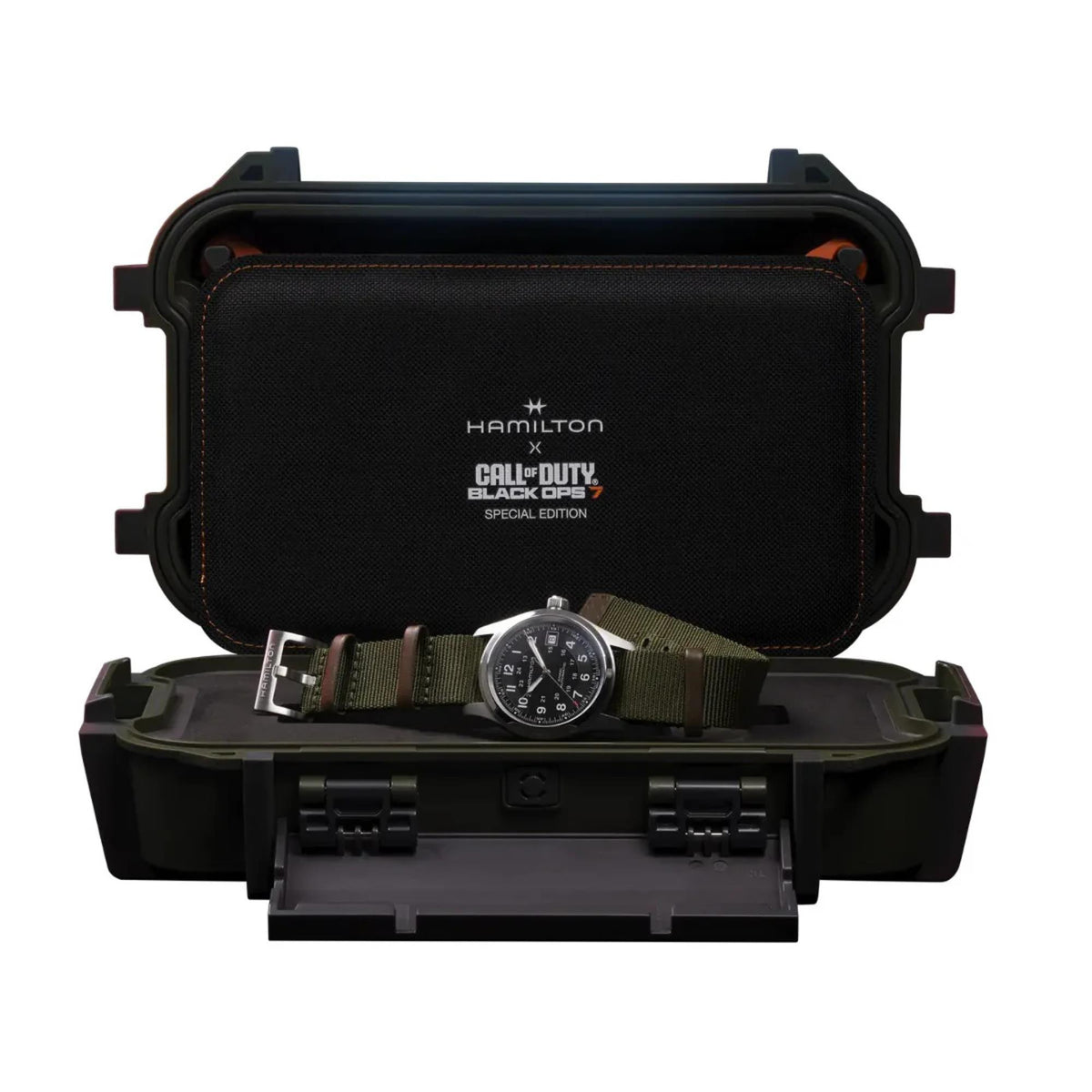 Hamilton Khaki Field watch in rugged storage case, black dial and olive-green NATO strap