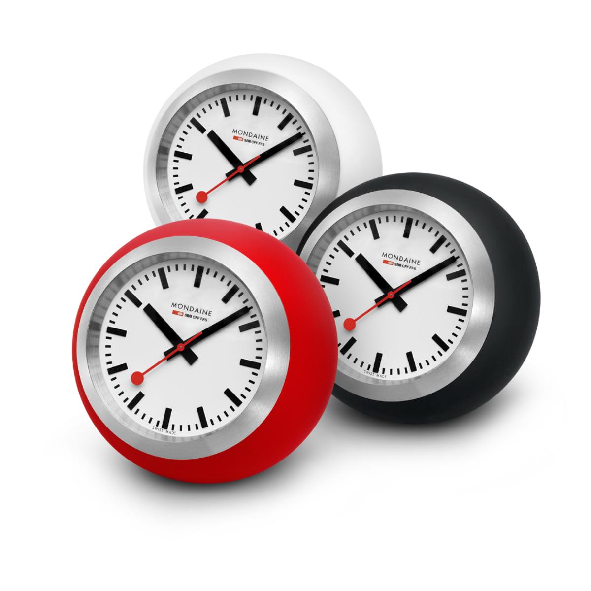 Mondaine quartz table clock with white face, black/red seconds accents, in black base