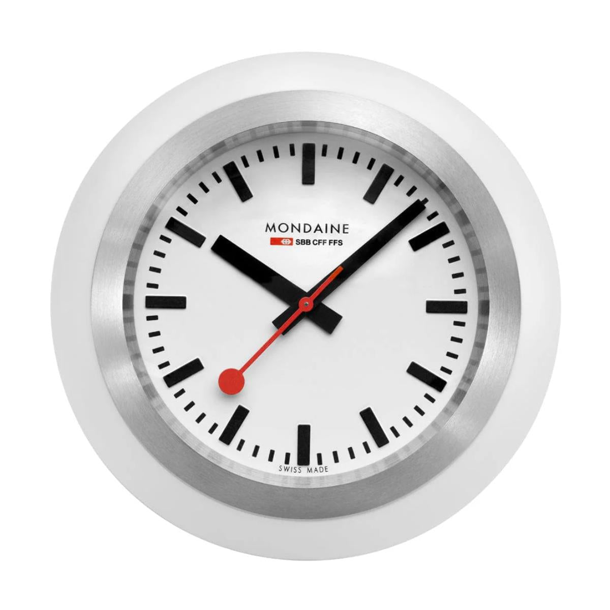 Mondaine Globe Table Clock A660.30335.16SBA direct front view highlighting the white face, brushed metal trim, and Swiss Railways clock design