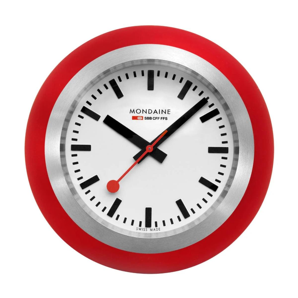 Mondaine table clock A660.30335.16SBP front view showing red round casing, white dial, and signature red second hand