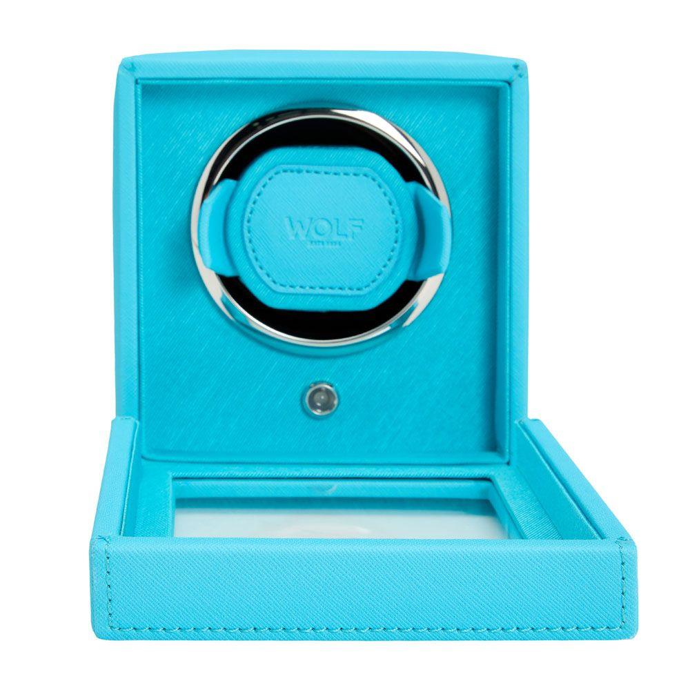 Turquoise WOLF Cub single watch winder with cover, open front cradle and winder cap