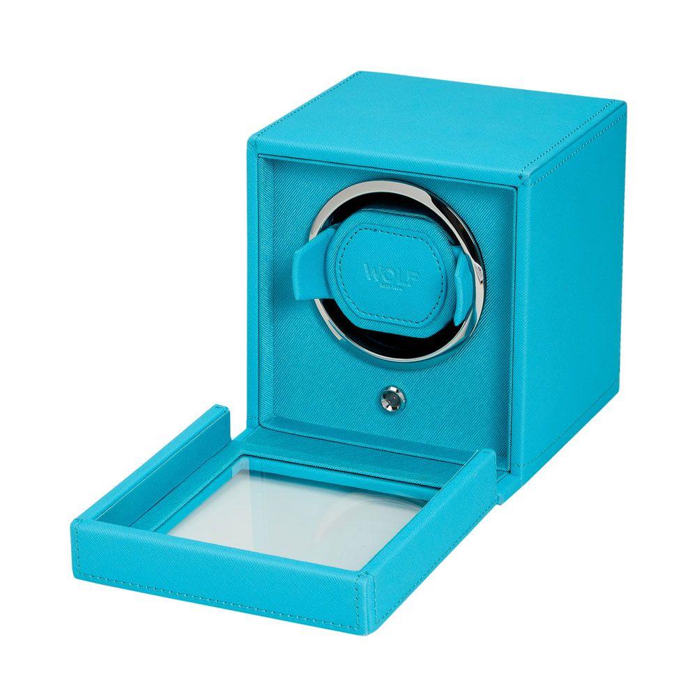 Turquoise WOLF Cub single watch winder with cover, open lid and interior tray