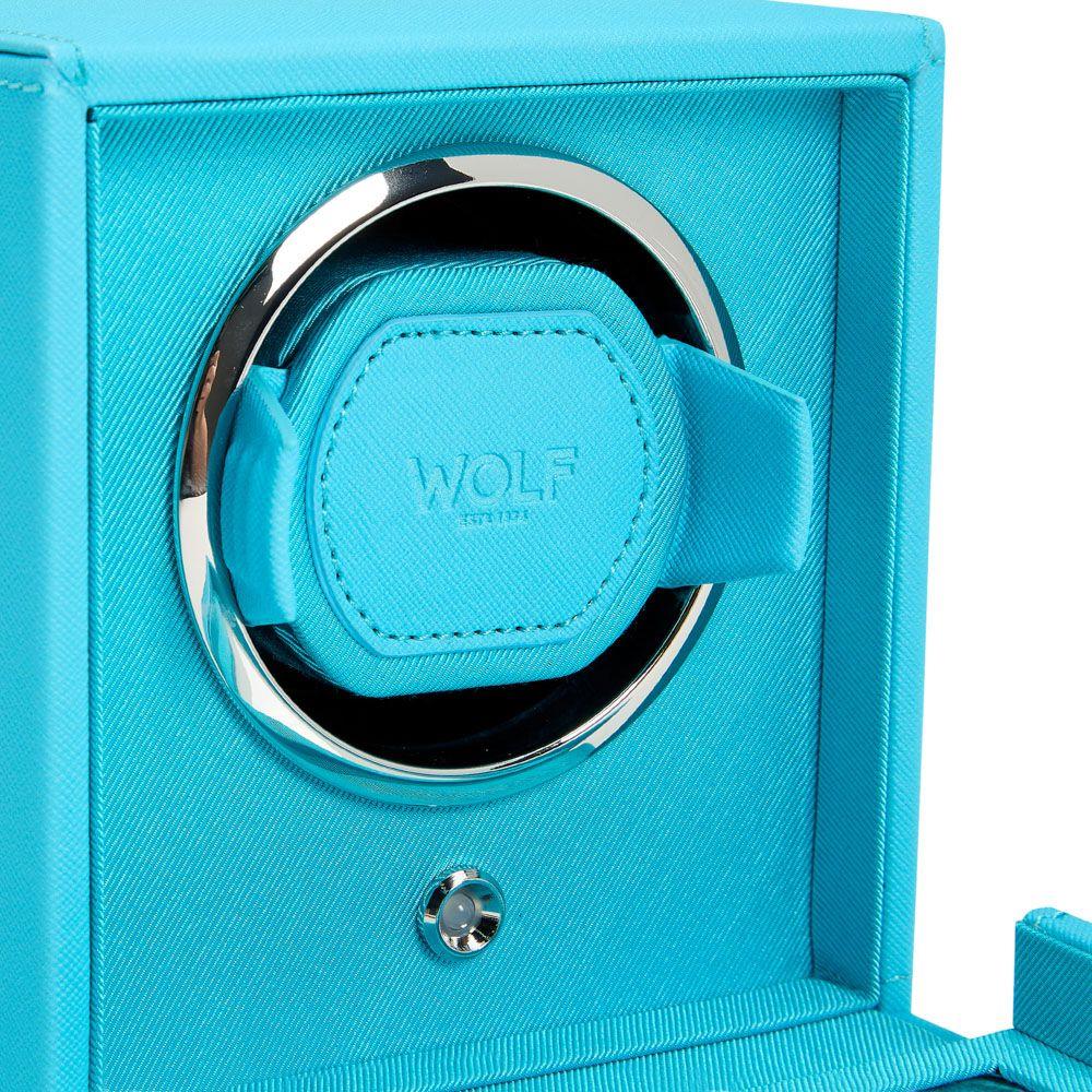 Turquoise WOLF Cub single watch winder with cover, close-up of round WOLF winder