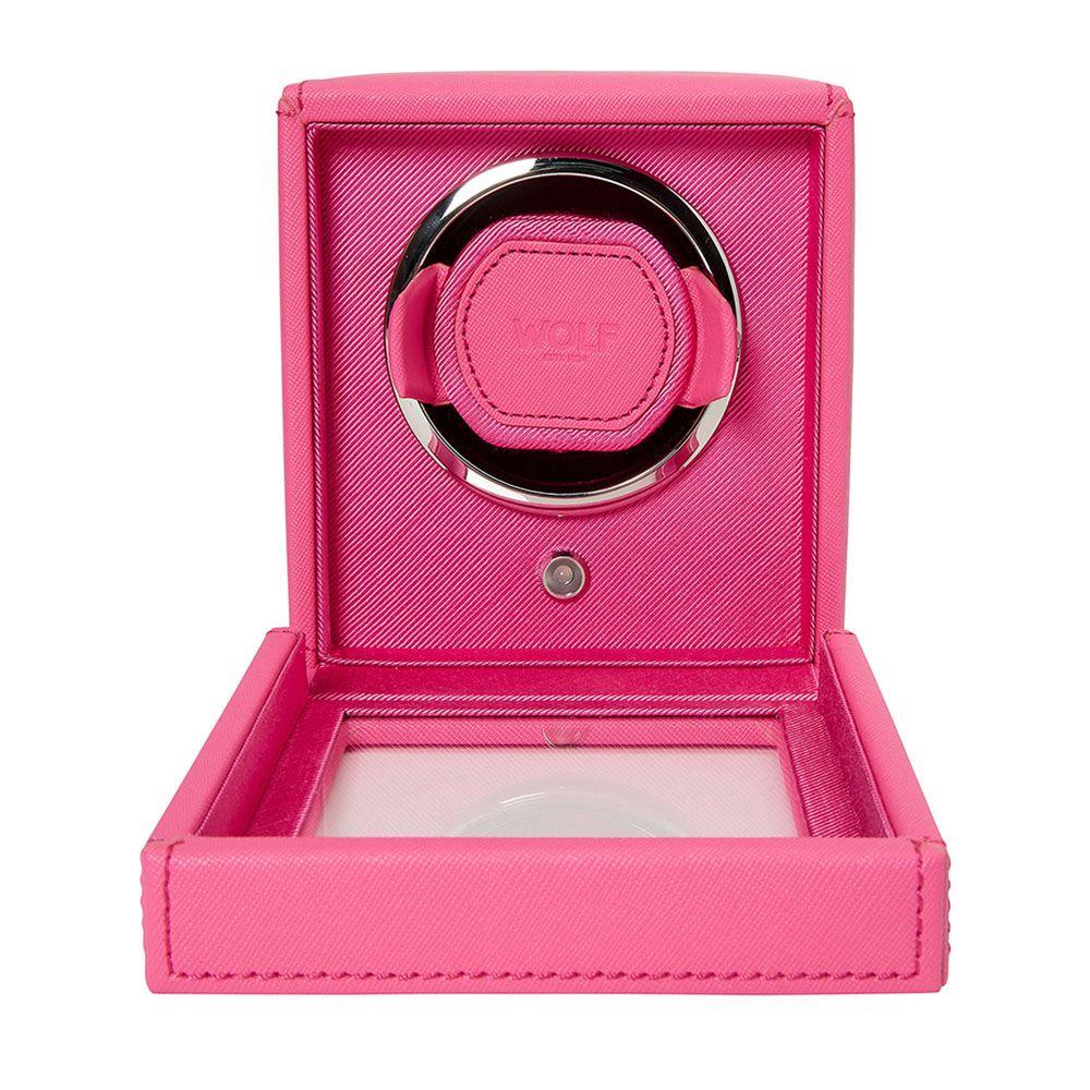 Pink single watch winder with open hinged cover and circular padded rotor holder
