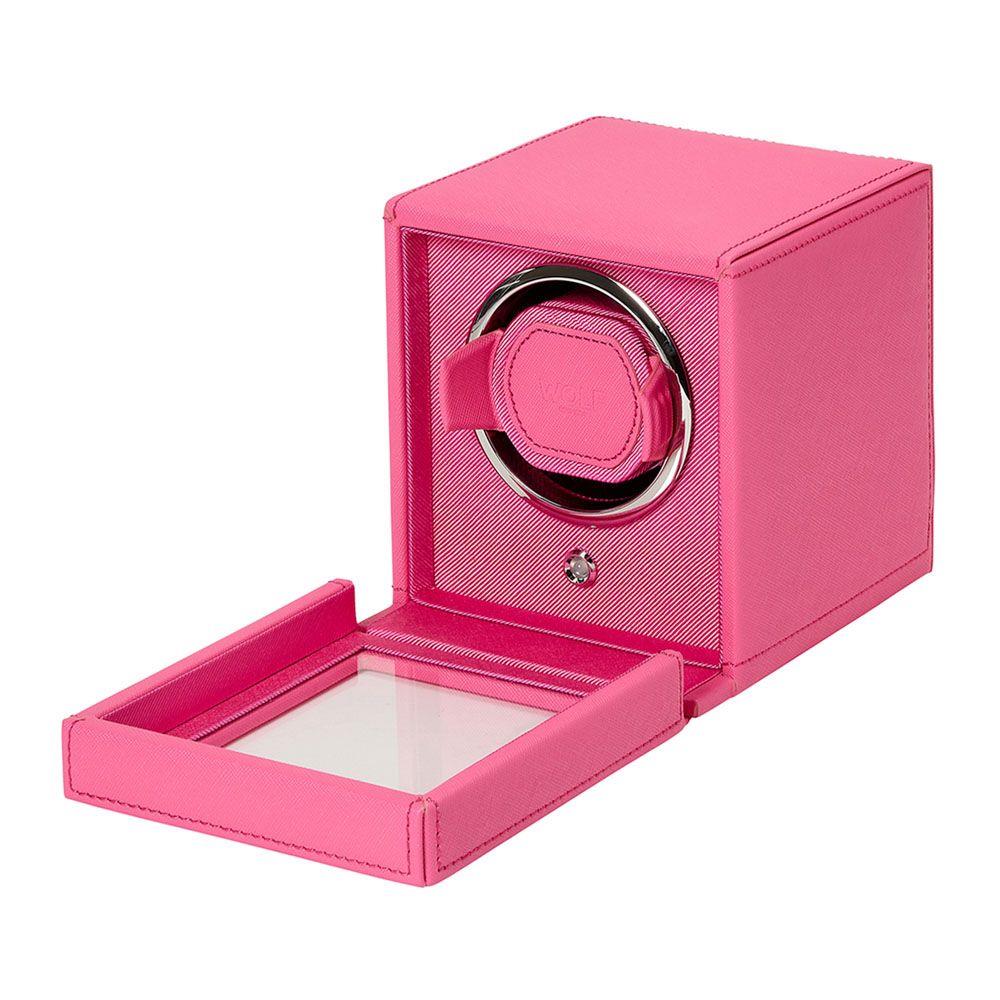 Pink single watch winder with open tray and circular padded holder