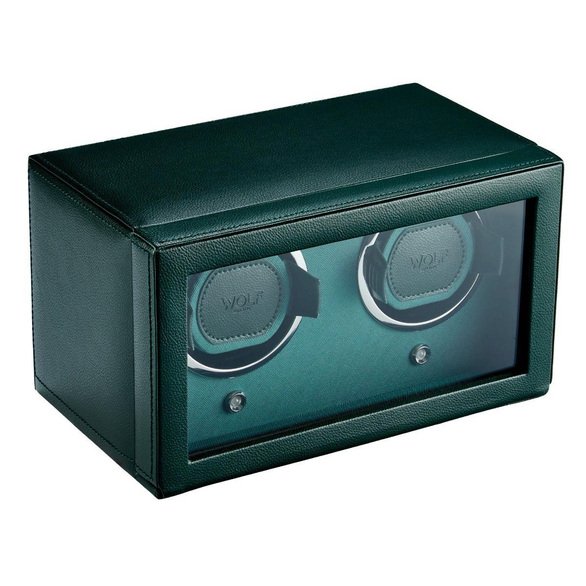 Double watch winder with cover, green faux leather case and clear front window