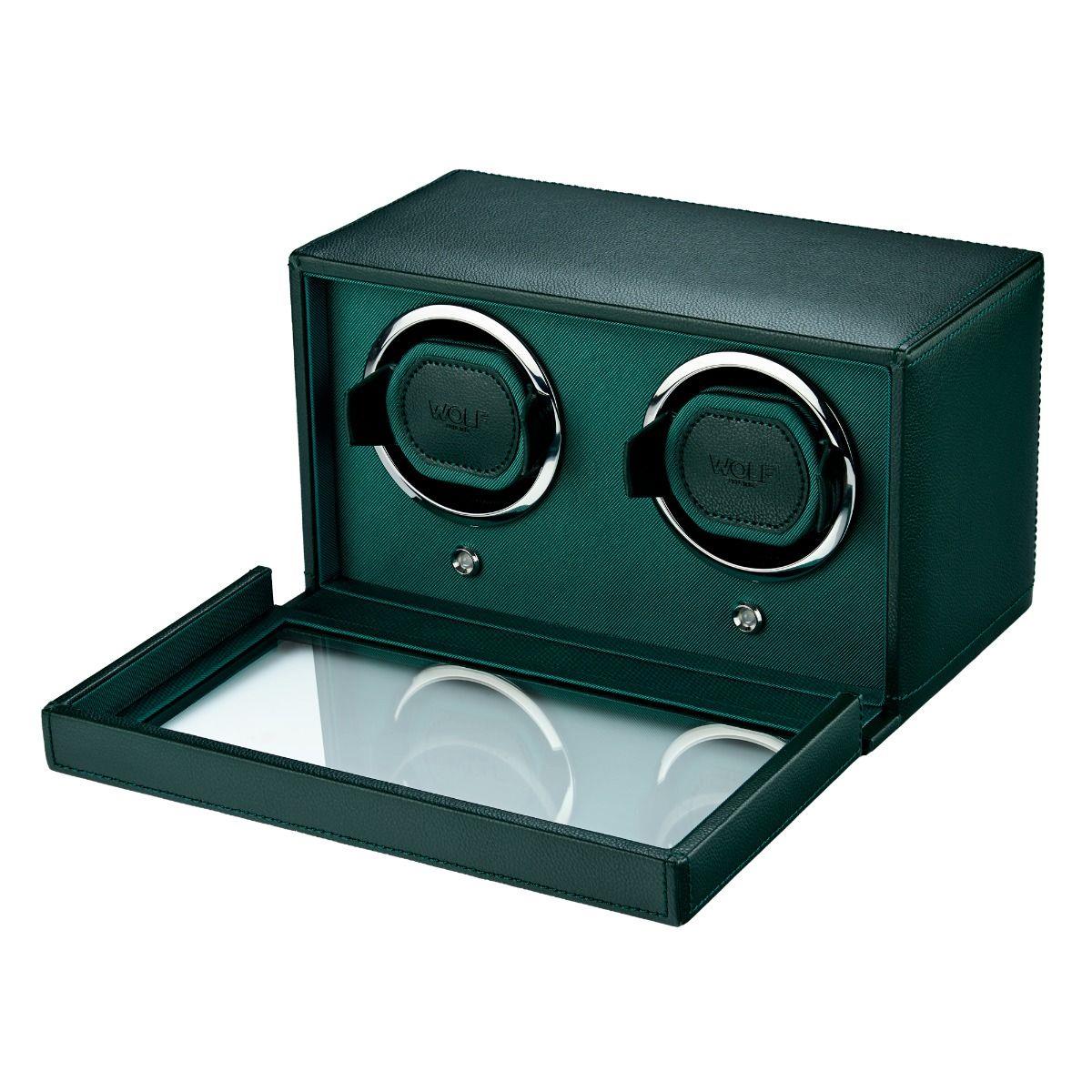 Double watch winder with open lid, green case showing two rotating cradle heads