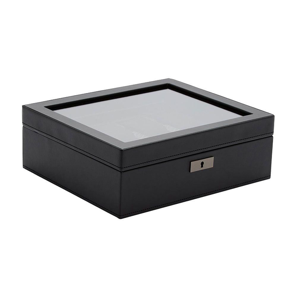 Black watch box with hinged lid and lock, padded display insert