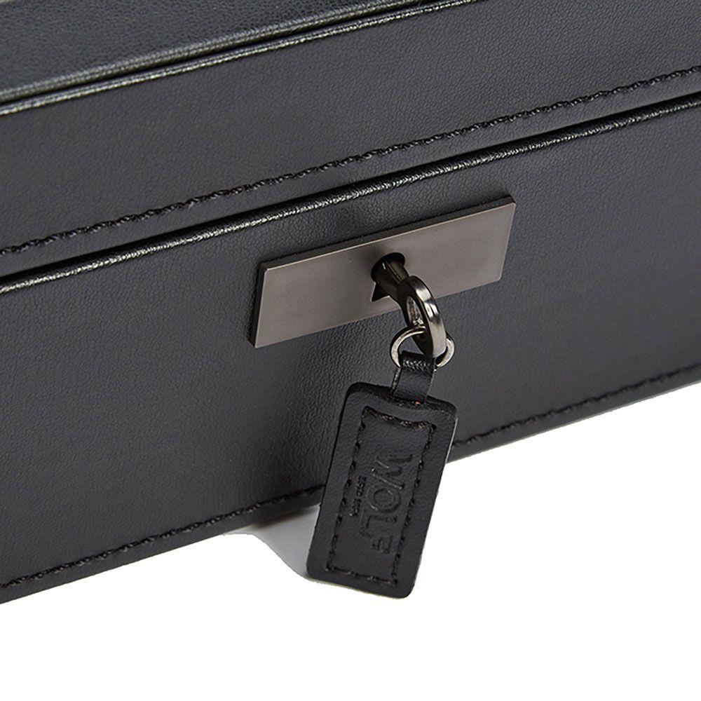 Black watch box with metal lock latch and attached leather key tag