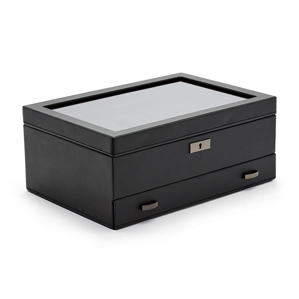 Black watch box with hinged lid and drawer, powder-coated finish