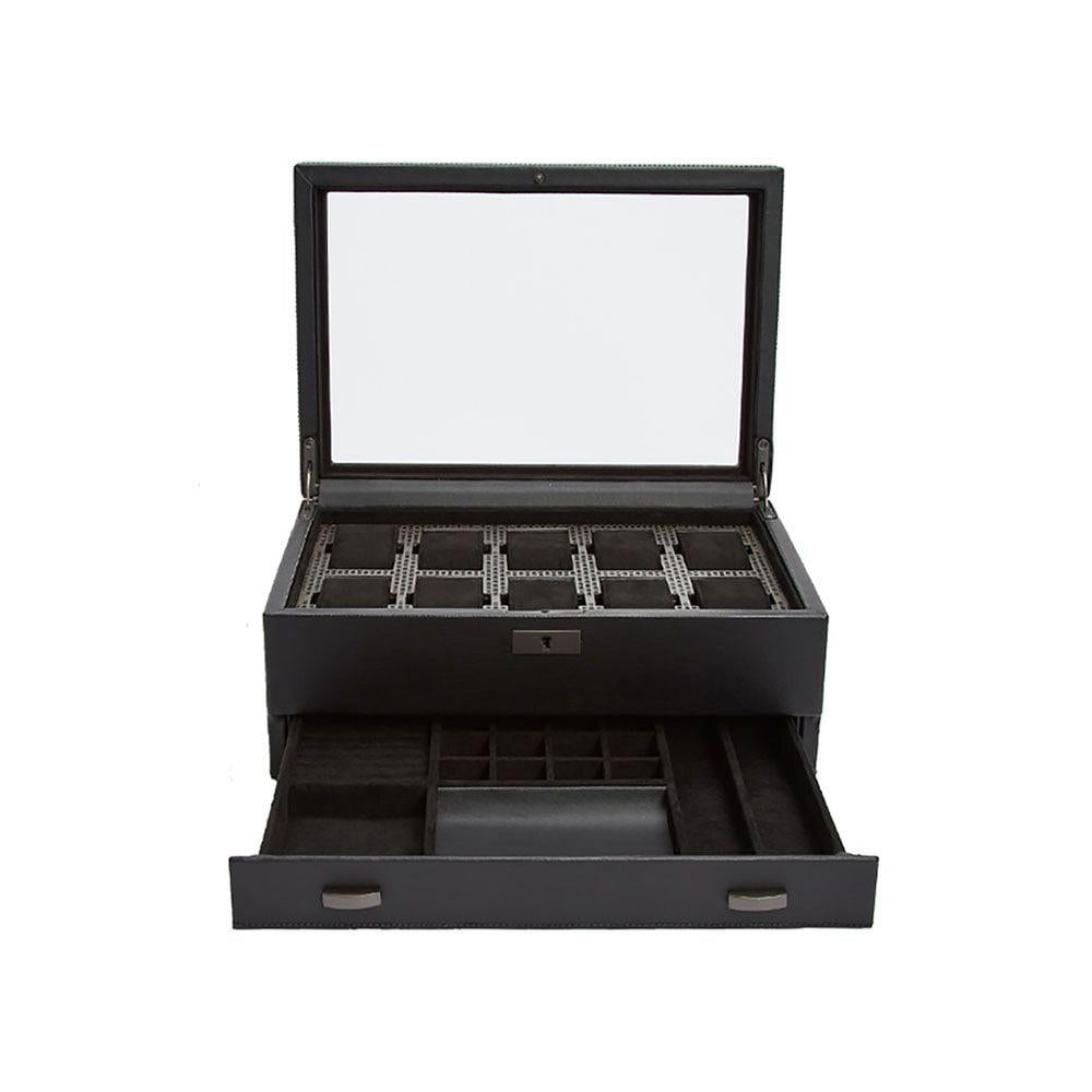 Opened black watch box with clear lid panel and multiple watch holders