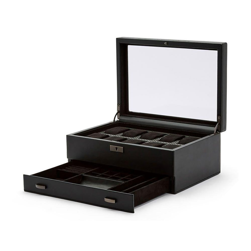Black watch box with open lid, padded top insert, and drawer compartments