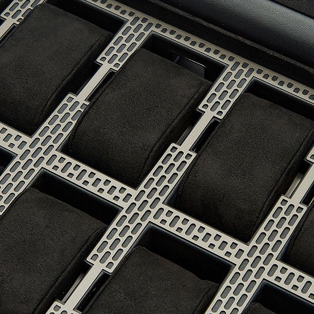 Interior grid watch holders with cross-brace design and black padded slots