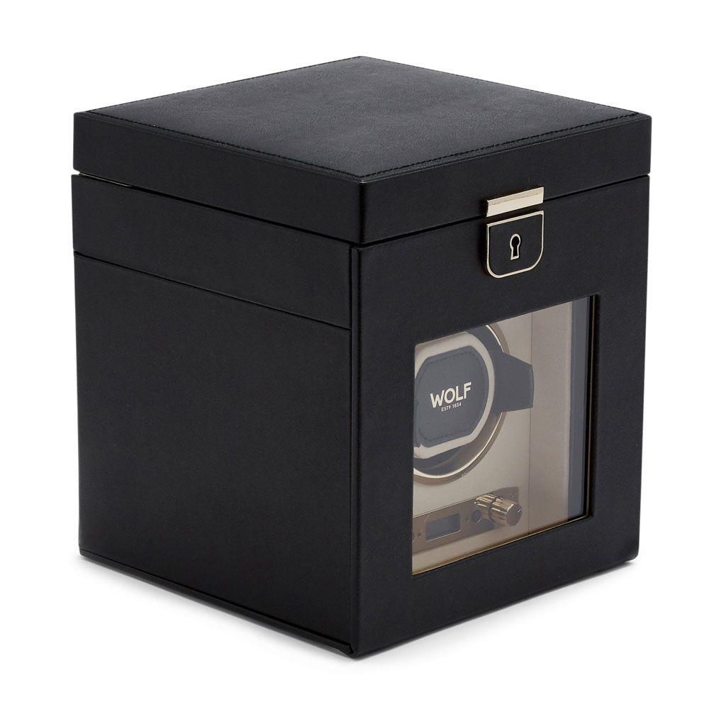 Black watch winder with jewelry storage, clear window and metal latch, single compartment.