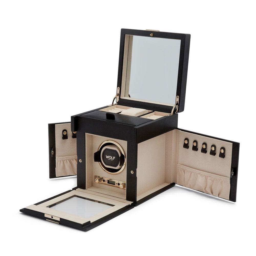 Black watch winder with jewelry storage, open lid with winder and padded side pockets.