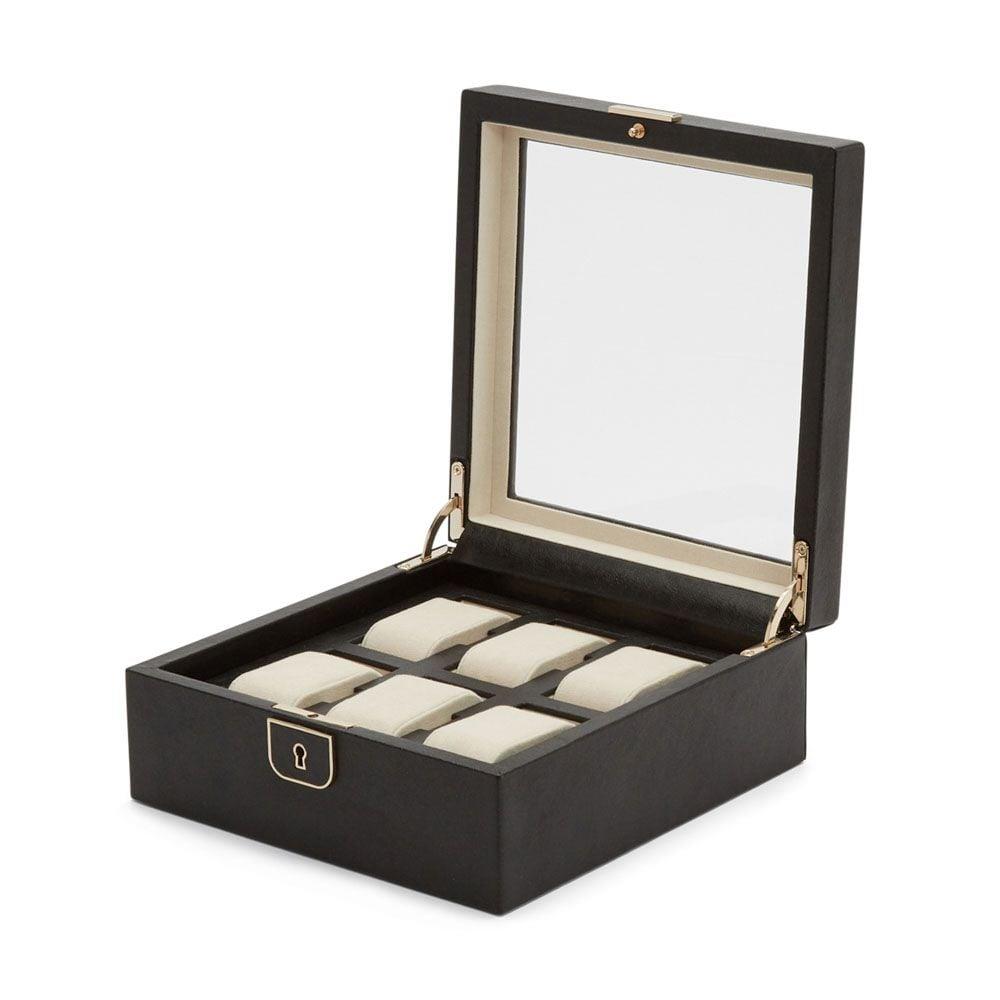 Black watch storage box, open with six cushioned slots and hinged lid