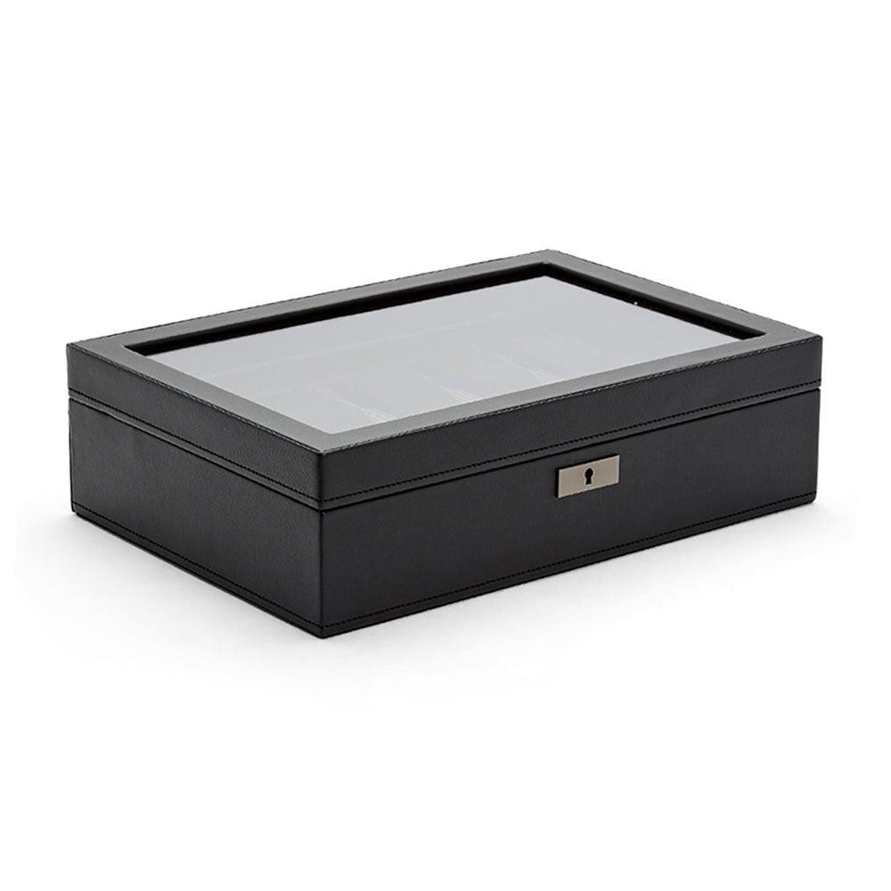 Dark watch box with clear hinged lid and 10 storage compartments