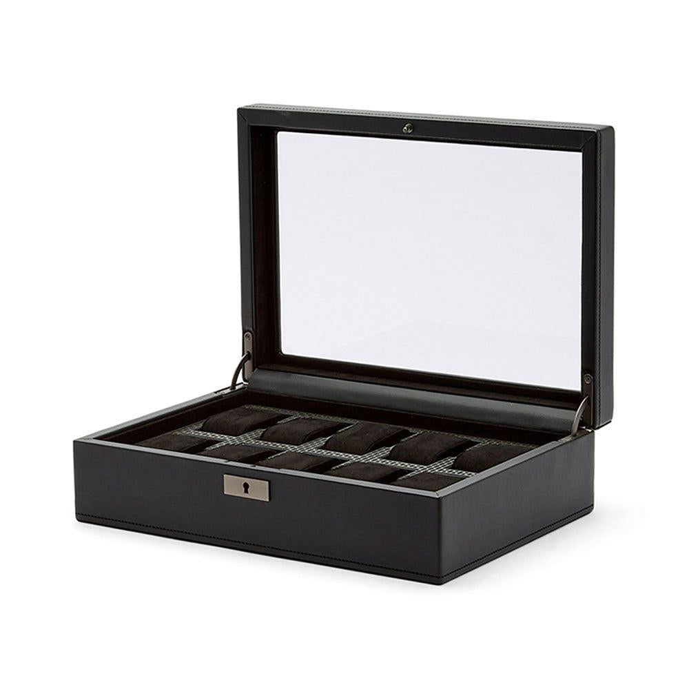 Dark watch box with glass display lid and grid-lined watch slots