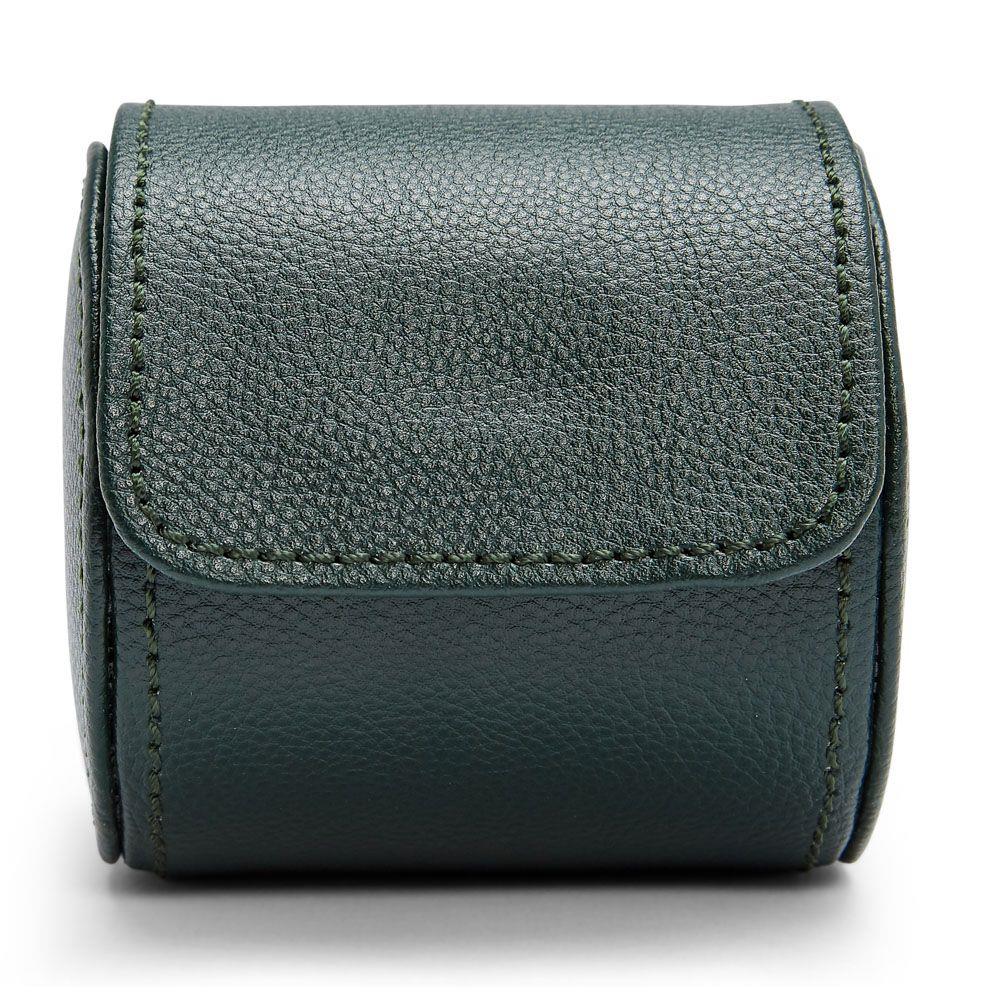 Green leather watch roll with flap and stitched edges, single-roll case