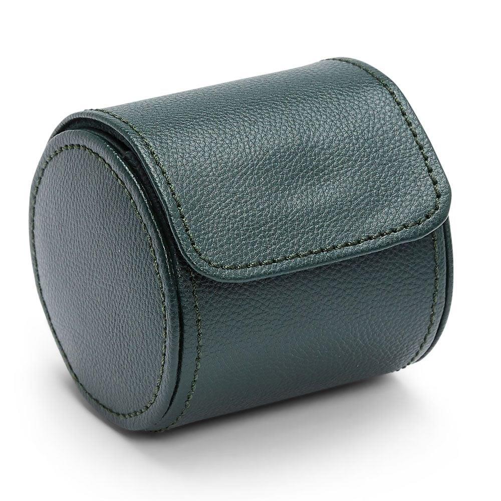 Green leather watch roll with side opening and curved flap, single-watch storage