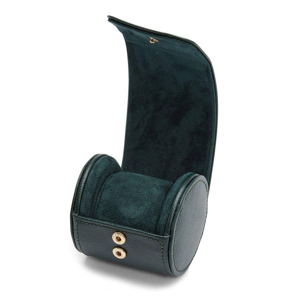 Open green watch roll with two compartments, suede lining, and gold snap buttons