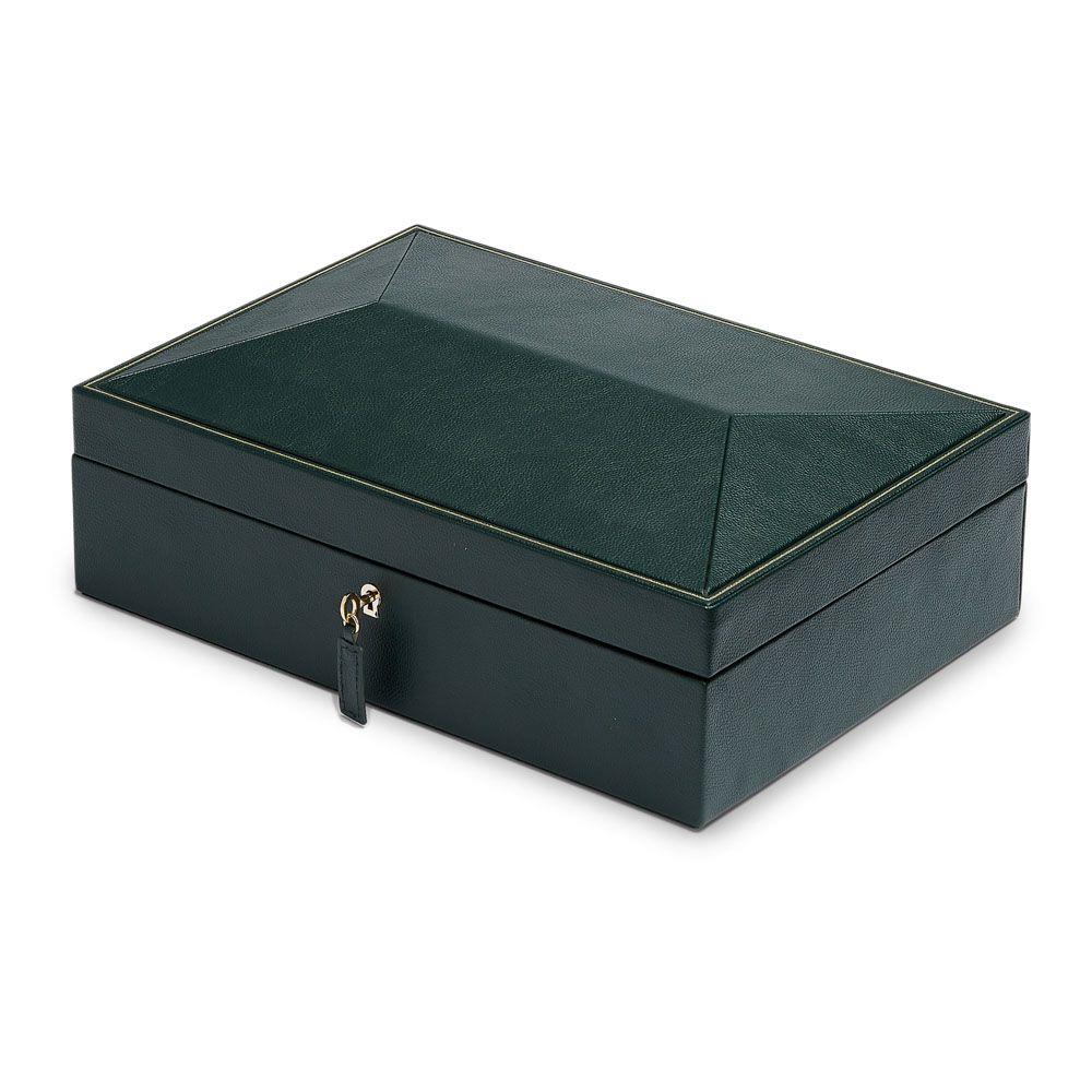 Green 10-slot watch storage box with hinged lid and gold-tone clasp