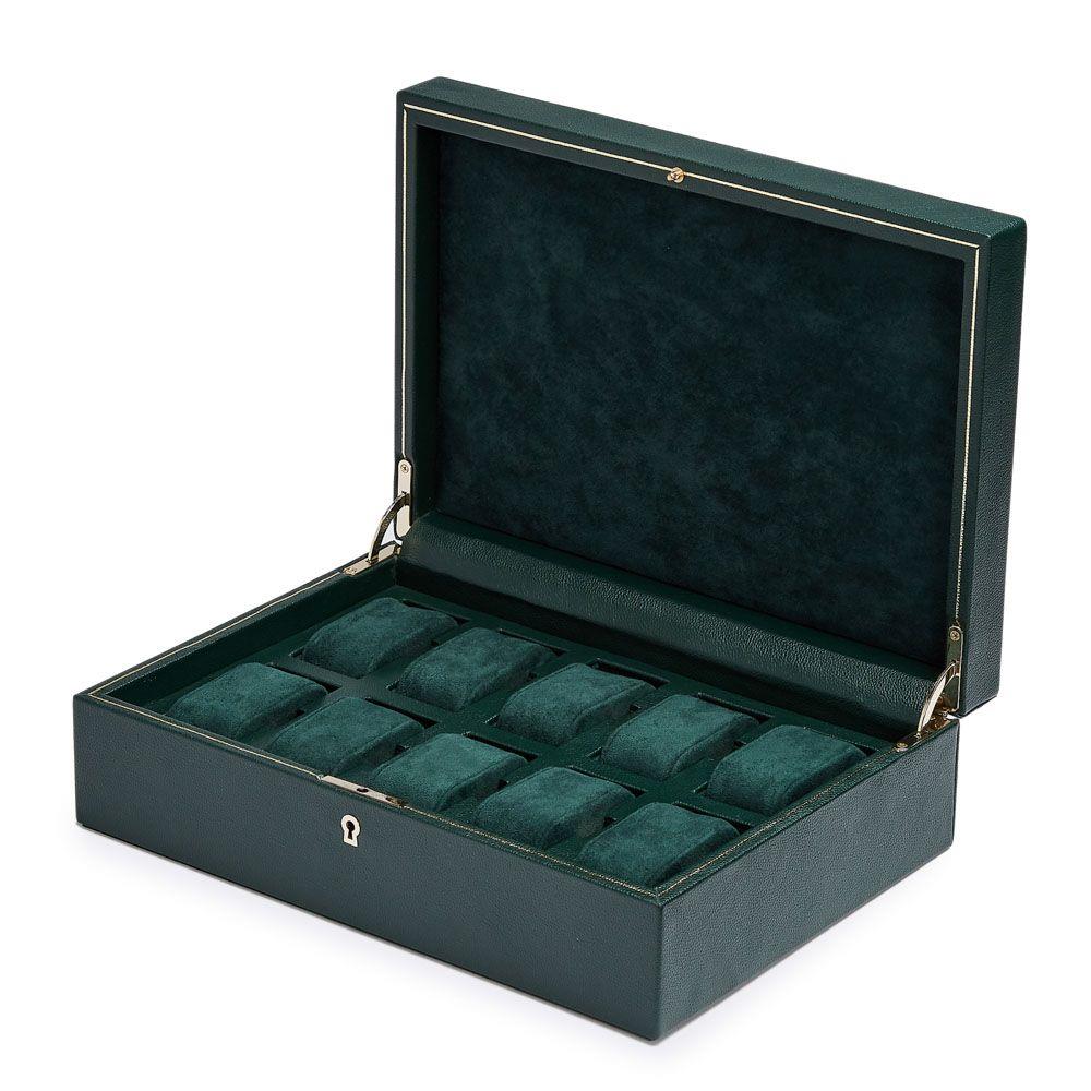 Open green watch storage box with velvet-lined compartments for 10 watches