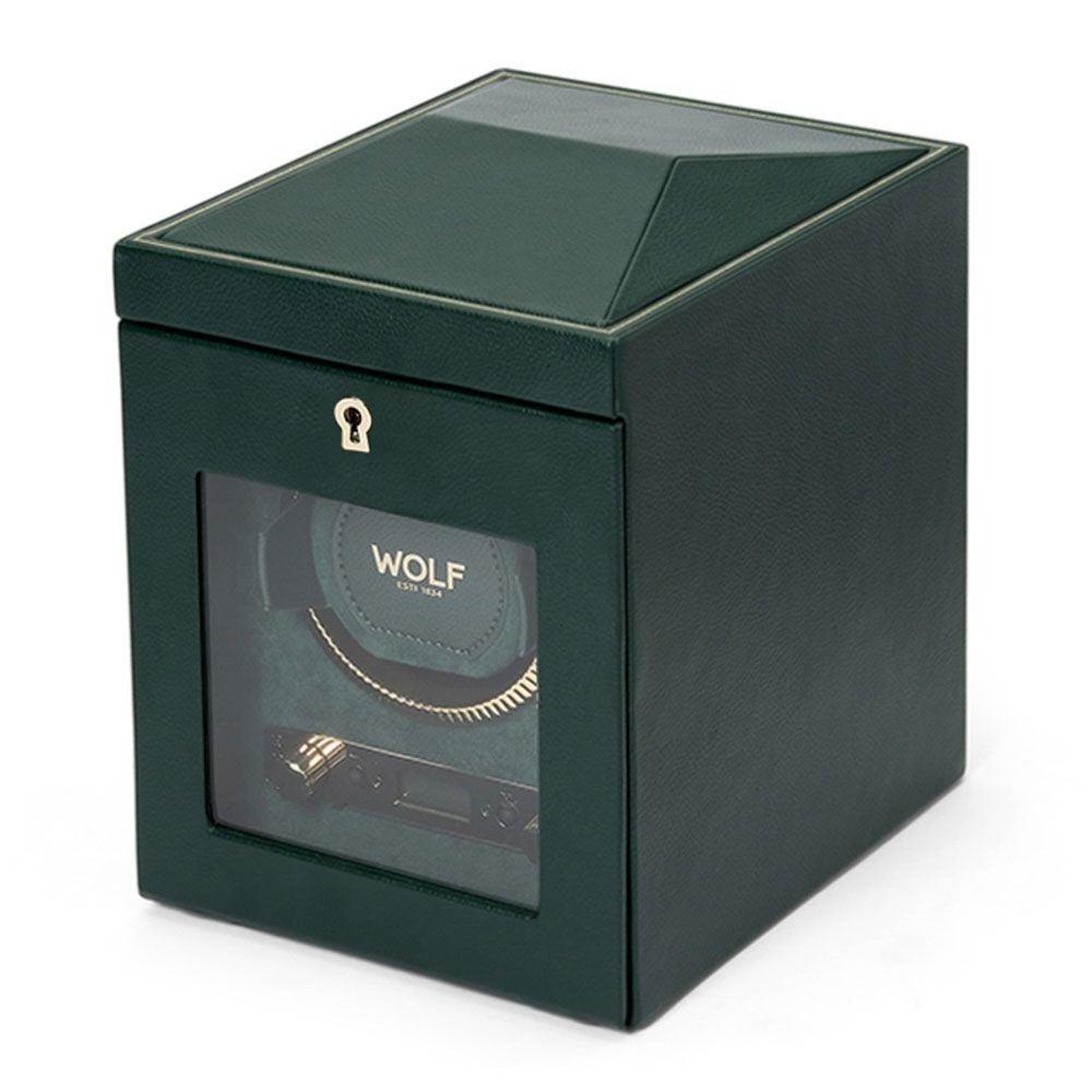 Dark green leather-look single watch winder with viewing window and key lock