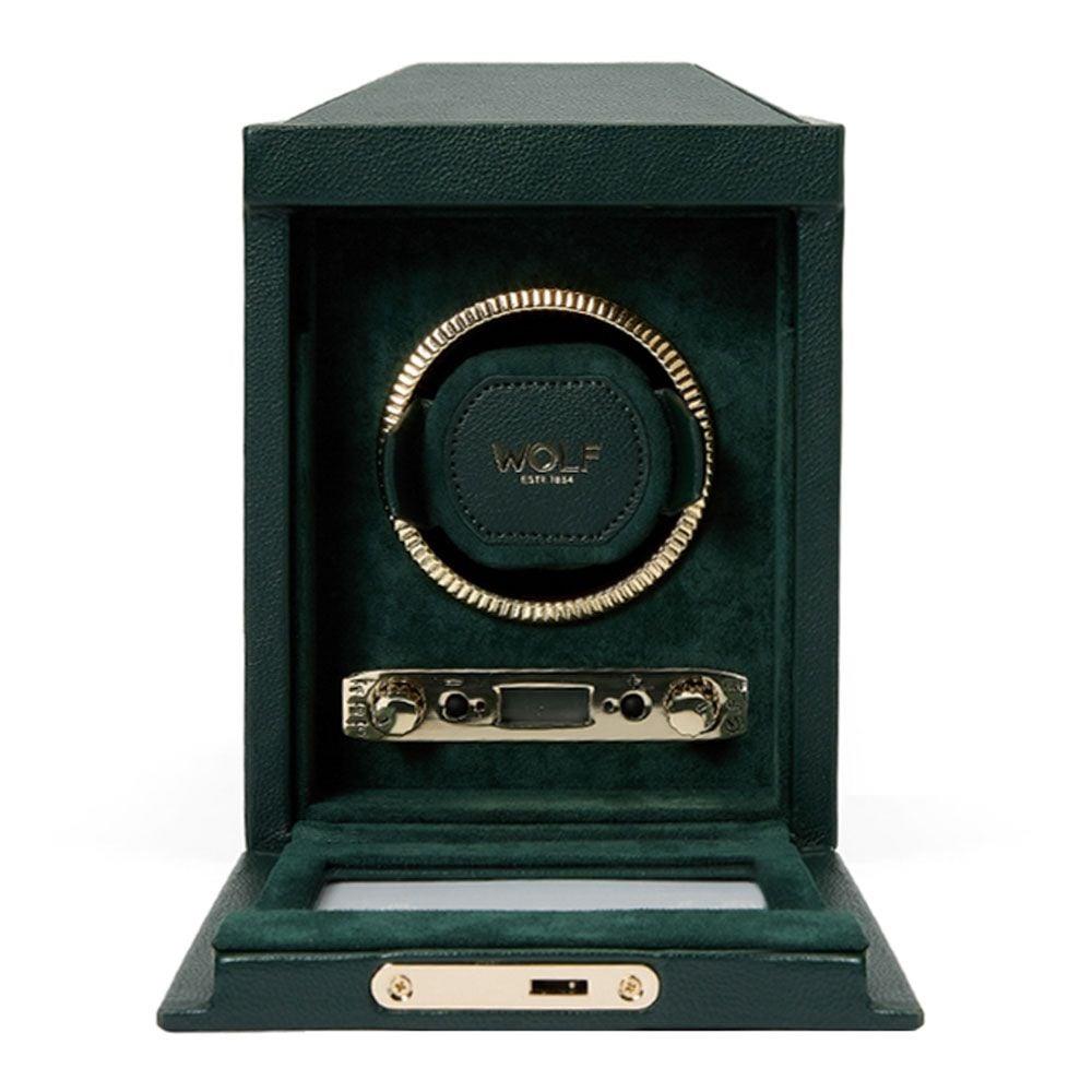 Open dark green single watch winder with gold coiled strap holder and control panel