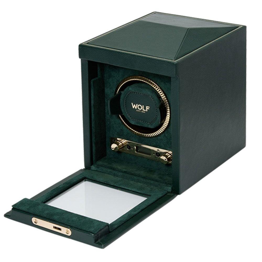 Dark green single watch winder with open compartment, gold ring holder, and base tray