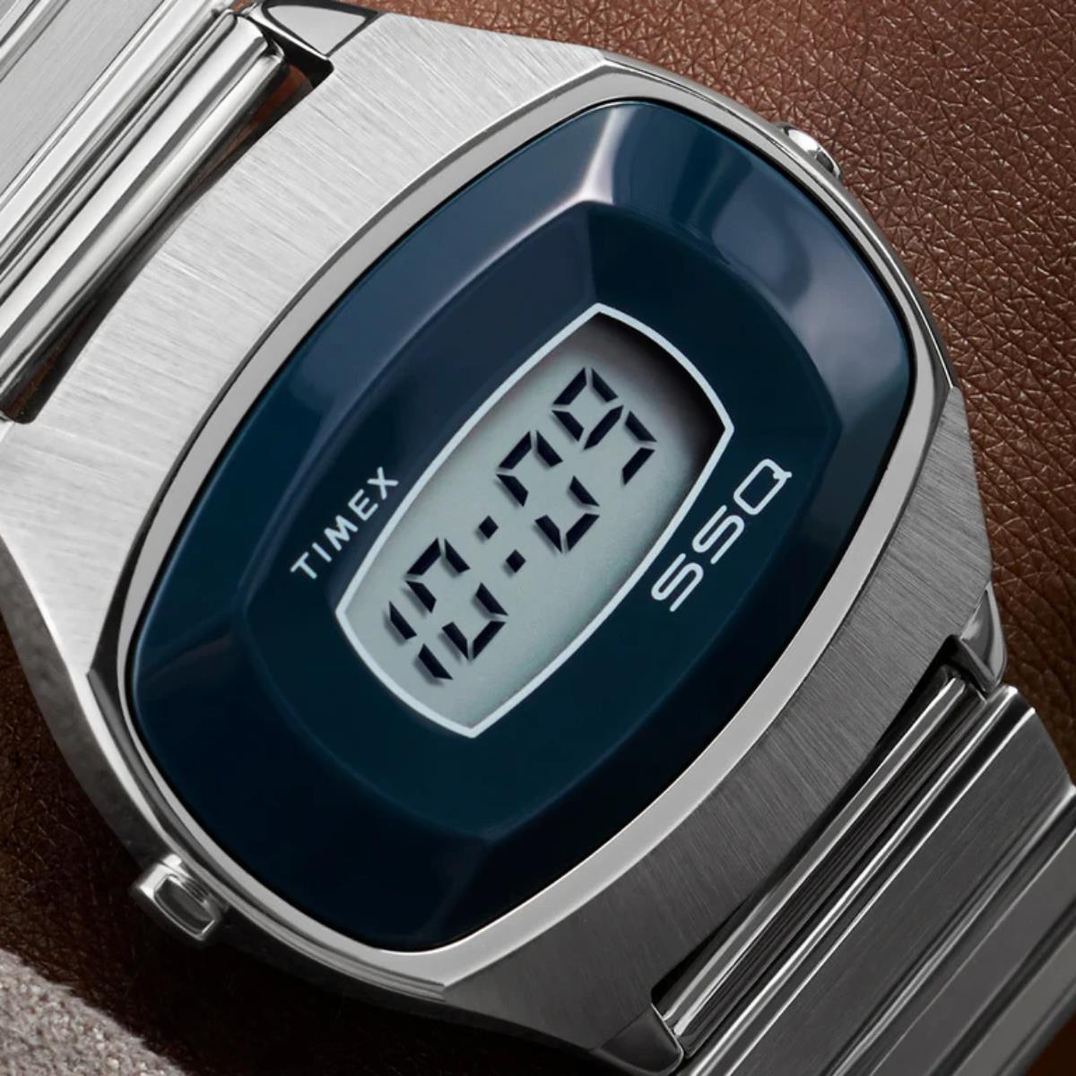 Men's digital steel quartz watch with blue LCD and brushed metal case